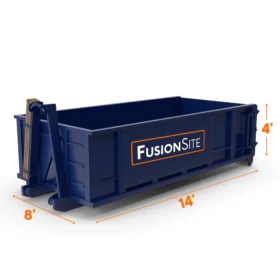 A navy blue FusionSite 10-yard roll-off dumpster with labeled dimensions of 14 feet long, 8 feet wide, and 4 feet tall.