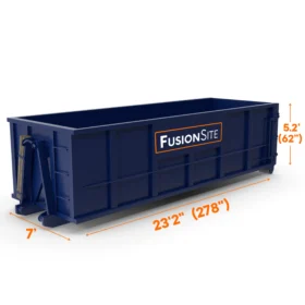 A navy blue FusionSite 30-yard roll-off dumpster with dimensions of 23.2 feet long, 7 feet wide, and 5.2 feet tall.