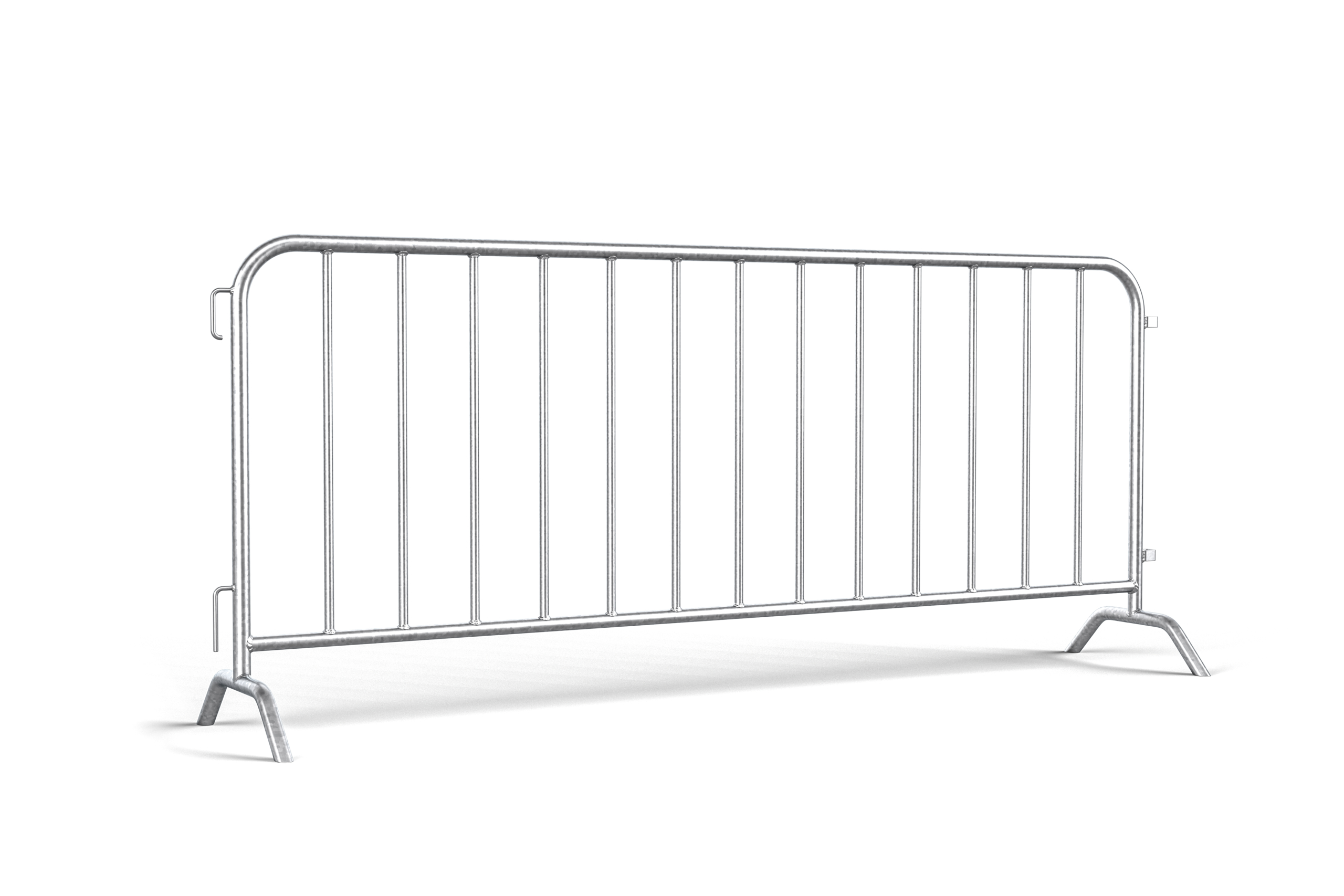 A silver crowd control barrier made of steel tubing with interlocking ends and detachable legs for event or construction use.