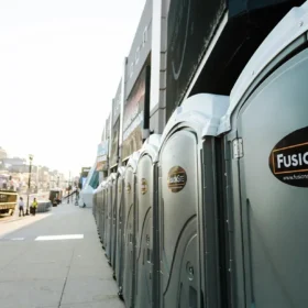 FusionSite portable toilets in a row by Bridgestone Arena in downtown Nashville.