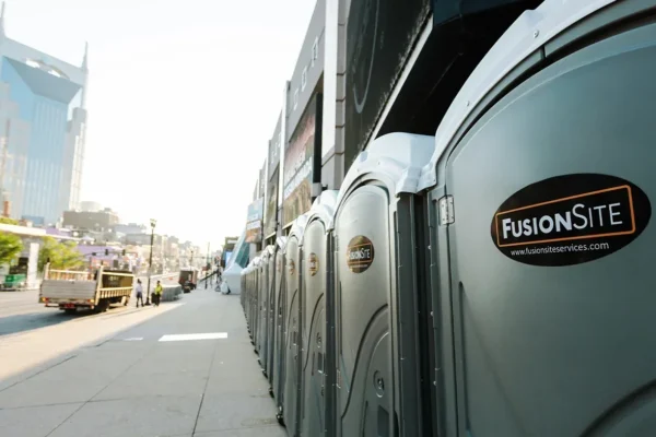 FusionSite portable toilets in a row by Bridgestone Arena in downtown Nashville.