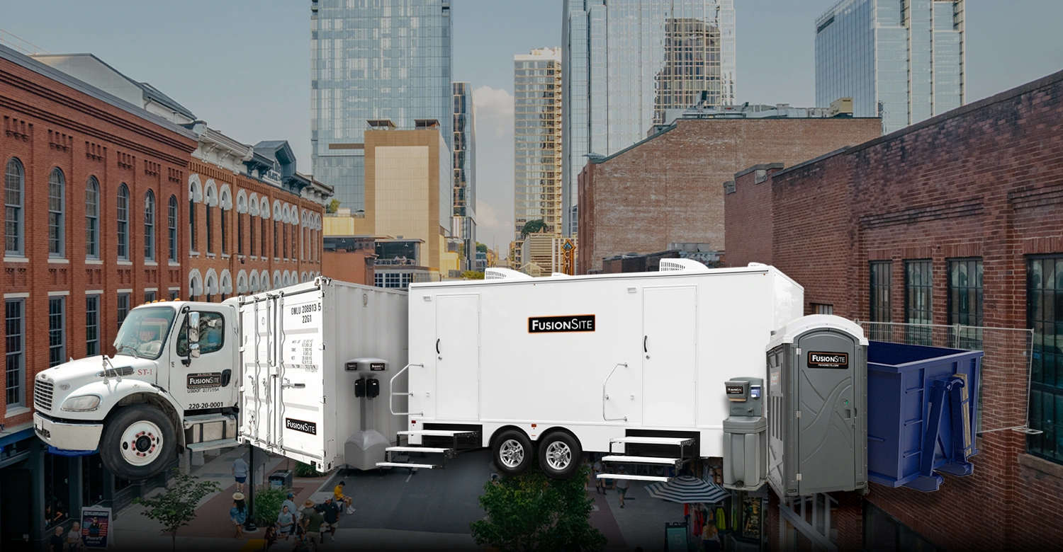 Hero image with rental porta potty, rental luxury bathroom, rental storage, and rental dumpster