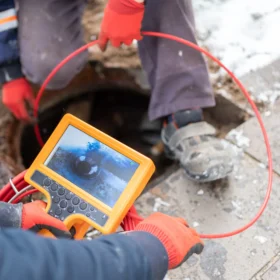 Worker performing septic tank inspection