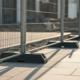 A row of metal construction fencing with black plastic bases is positioned along a paved pathway at a construction site, casting long shadows in the late afternoon sunlight.