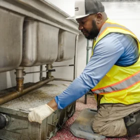 A worker in a yellow safety vest and gloves kneels beside a metal sink, inspecting a drainage system in a clean, well-lit service area with red flooring.