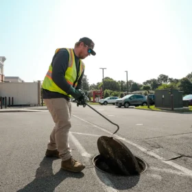 A worker in a reflective vest is using a tool to lift a manhole cover in a parking lot beside a brick building, with parked cars and greenery in the background under a clear sky.