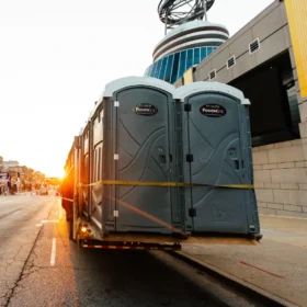 portable toilets on a fusionsite truck en route to event destination