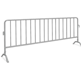 Steel crowd control barrier with interlocking ends and detachable bridge feet